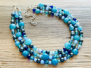 Skinny Dip! Blue Beaded Statement jewelry, Chunky Beaded Necklace, navy blue Jewelry Necklace, beaded aqua turquoise royal Geometric