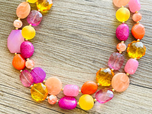 Flamingo Pink Statement Necklace, Purple Chunky Beaded Necklace Jewelry Necklace, Hot pink Necklace, magenta beaded orange yellow