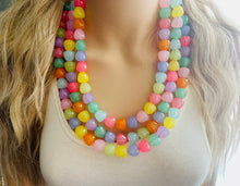 Load image into Gallery viewer, Summer Gumdrops Rainbow Statement Necklace, colorful chunky jewelry, multi strand pride chunky beaded necklace, bubble necklace