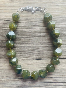 Army Green Chunky Statement Necklace, Big beaded jewelry, Double Strand Statement Necklace, Bib necklace, green bridesmaid wedding camo