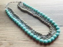 Load image into Gallery viewer, Gray Waves &amp; Turquoise Silver Chain Blues statement Necklace, green wood beaded chunky bib wedding crystals, dark navy blue