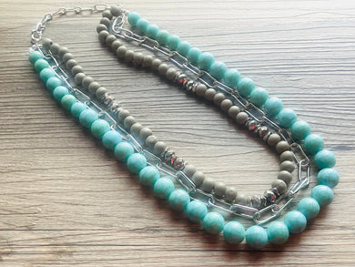 Gray Waves & Turquoise Silver Chain Blues statement Necklace, green wood beaded chunky bib wedding crystals, dark navy blue