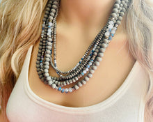 Load image into Gallery viewer, Gray Skys &amp; Silver Blues statement Necklace, dyed gray wood beaded chunky bib wedding crystals, dark navy blue 6 strand jewelry, chunky bib