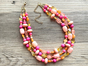 Gina Summer Statement necklace, peach necklace, Beaded statement necklace, bib necklace, yellow fall autumn orange jewelry pink coral