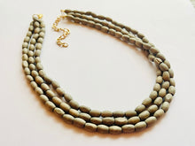 Load image into Gallery viewer, Gray Birch Wood 3 Strand Beaded Necklace, vintage tan Jewelry Chunky statement necklace, big beaded necklace geometric boho dark painted