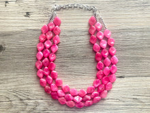 Load image into Gallery viewer, Big Bead pink Necklace, 3 Strand Statement Jewelry, magenta pink Chunky bib bridesmaid, hot pink jewelry, dark pink necklace earring set