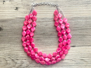 Big Bead pink Necklace, 3 Strand Statement Jewelry, magenta pink Chunky bib bridesmaid, hot pink jewelry, dark pink necklace earring set