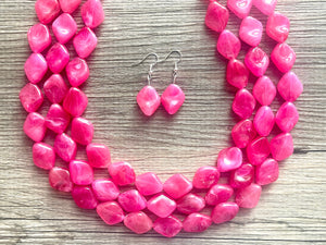 Big Bead pink Necklace, 3 Strand Statement Jewelry, magenta pink Chunky bib bridesmaid, hot pink jewelry, dark pink necklace earring set