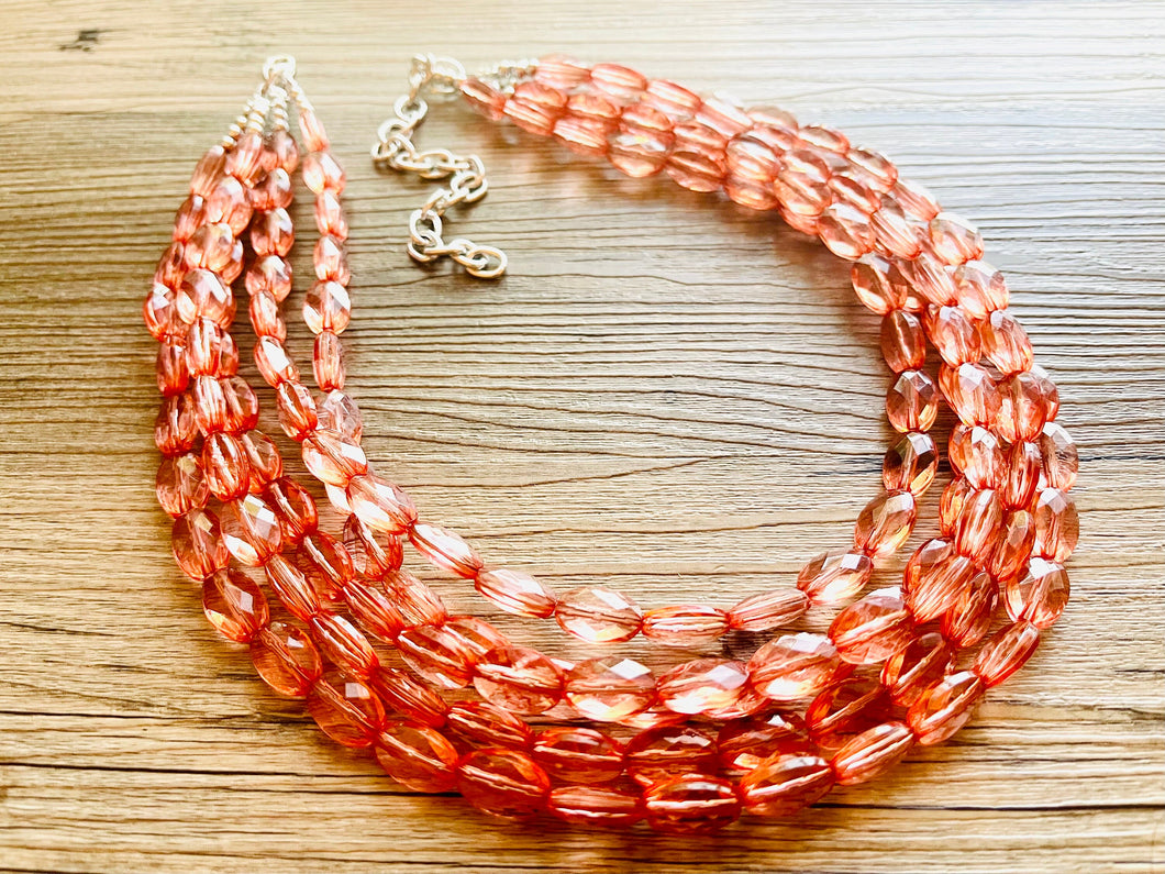 Translucent Coral 5 strand statement Necklace, Peach Beaded Necklace, summer silver jewelry, bubble bib neutral layer coral pink