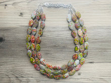 Load image into Gallery viewer, Speckled Watermelon Chunky Statement Necklace, Big beaded jewelry, 3 Strand bib chunky Necklace, gray green red silver earrings set jewelry