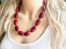 Load image into Gallery viewer, Deep Red Swirl Single Strand Big Beaded Statement Necklace, red beaded necklace, red bridesmaid necklace jewelry, red drop earrings