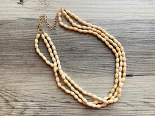 Load image into Gallery viewer, Birch Wood 3 Strand Beaded Necklace, vintage tan brown Jewelry Chunky statement necklace, big beaded necklace geometric boho