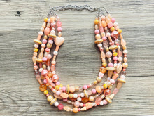 Load image into Gallery viewer, Chunky Multi Strand Peach Statement Necklace, pink - orange beaded jewelry, peach necklace, thick coral jewelry, peach bridesmaid 5