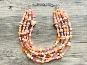 Chunky Multi Strand Peach Statement Necklace, pink - orange beaded jewelry, peach necklace, thick coral jewelry, peach bridesmaid 5