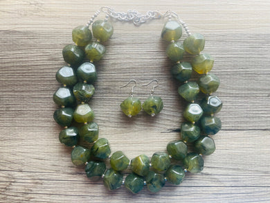 Army Green Chunky Statement Necklace, Big beaded jewelry, Double Strand Statement Necklace, Bib necklace, green bridesmaid wedding camo