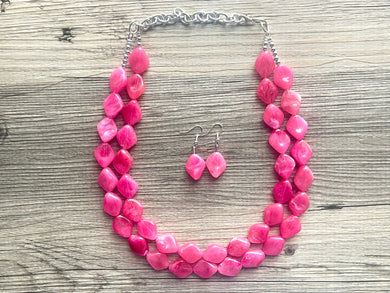 Big Bead pink Necklace, 2 Strand Statement Jewelry, magenta pink Chunky bib bridesmaid, hot pink jewelry, dark pink necklace earring set