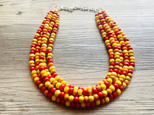 Load image into Gallery viewer, Cobblestone Harvest Chunky Rainbow Beaded Necklace, 5 Strand Colorful Jewelry statement necklace, wood big beaded necklace yellow red orange