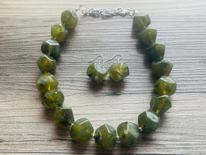 Army Green Chunky Statement Necklace, Big beaded jewelry, Double Strand Statement Necklace, Bib necklace, green bridesmaid wedding camo