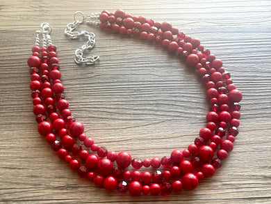 Red BeJeweled Statement Necklace, Chunky 3 Strand Jewelry, silver red necklace, red bib beaded necklace thick collar bead metal crackle