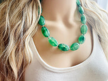 Load image into Gallery viewer, Jalapeño green Statement Necklace &amp; Earrings, emerald green jewelry set, dark deep green bib chunky necklace forest resin beaded silver