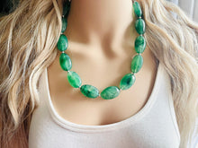 Load image into Gallery viewer, Jalapeño green Statement Necklace &amp; Earrings, emerald green jewelry set, dark deep green bib chunky necklace forest resin beaded silver