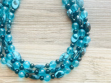 Load image into Gallery viewer, Black Beach Mermaid Chunky Statement Necklace, Triple Strand Beaded Jewelry, Black &amp; Blue jewelry, bridesmaid wedding bib resin thick