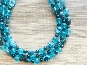 Black Beach Mermaid Chunky Statement Necklace, Triple Strand Beaded Jewelry, Black & Blue jewelry, bridesmaid wedding bib resin thick