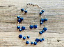 Load image into Gallery viewer, Dark Blue &amp; Silver Chunky Statement Jewelry Set, Big beaded vintage, Triple Strand Illusion Statement Necklace, Bib blue bridesmaid wedding