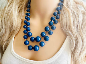 Navy Blue Statement Necklace, Chunky Jewelry Big Beaded Double Strand Necklace, Dark Blue Necklace, Blue Jewelry Set, cobalt silver Beaded