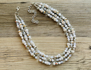 Winter & Summer Chunky Statement Necklace, Big beaded jewelry, White Silver 3 Strand Statement Necklace, Bib necklace beaded resin cream