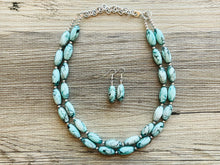 Load image into Gallery viewer, Emerald Green + White 2 strand Beaded Statement Necklace, Chunky Bib white and green thick Strand Jewelry tie dye swirl earrings bib glass