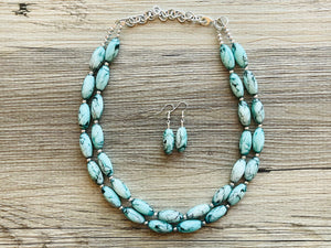 Emerald Green + White 2 strand Beaded Statement Necklace, Chunky Bib white and green thick Strand Jewelry tie dye swirl earrings bib glass