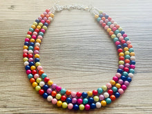 Load image into Gallery viewer, Rainbow Treasure Statement Necklace, Colorful Beaded Necklace, Chunky bib necklace, Roy G Biv necklace, bright jewelry, bridesmaid pride