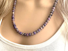 Load image into Gallery viewer, Purple Jasper Statement Necklace, Single Strand Jewelry, purple silver necklace thin gemstone cobblestone donut