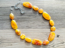 Load image into Gallery viewer, Long Marigold Statement Necklace, Chunky Beaded Necklace, yellow Jewelry, long necklace, bead Necklace, earrings red geometric jewelry