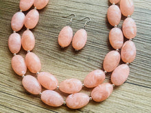 Load image into Gallery viewer, Peach Chunky Statement jewelry set, Big bib beaded jewelry, Double Strand Statement Necklace earrings, peach bridesmaid wedding coral
