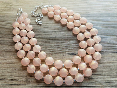 Coral Peach Glimmer Triple strand statement Necklace, peach Beaded Necklace, summer silver jewelry, bubble necklace bib light pink