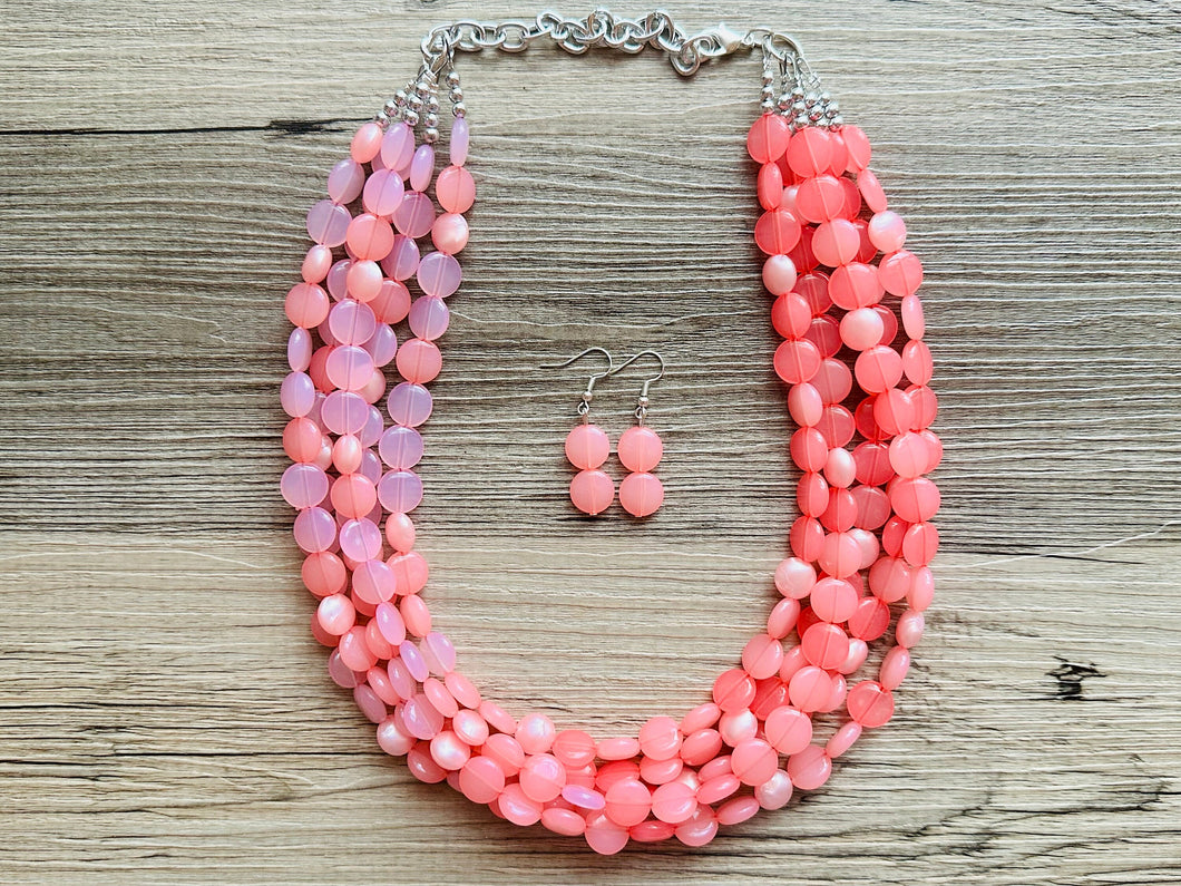 Barbs Pink Premiere Necklace, Bubblegum blush coral Pink chunky bib beaded jewelry, color block wedding bridesmaid bib jewelry 5 strand