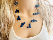Load image into Gallery viewer, Dark Blue &amp; Silver Chunky Statement Jewelry Set, Big beaded vintage, Triple Strand Illusion Statement Necklace, Bib blue bridesmaid wedding