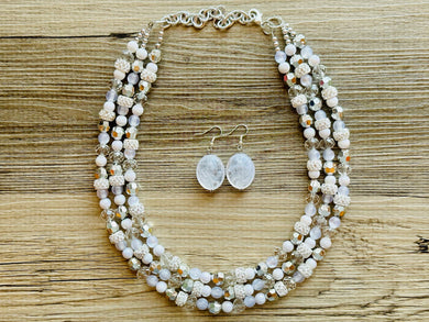 Winter & Summer Chunky Statement Necklace, Big beaded jewelry, White Silver 3 Strand Statement Necklace, Bib necklace beaded resin cream
