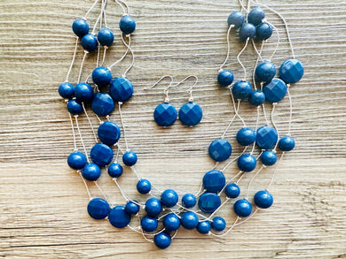 Dark Blue & Silver Chunky Statement Jewelry Set, Big beaded vintage, 6 Strand Illusion Statement Necklace, Bib blue bridesmaid wedding