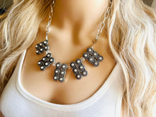 Load image into Gallery viewer, Rhinestone Statement Necklace, Gunmetal chunky necklace, statement jewelry, gemstone necklace, beaded gray rhinestone champagne geometric