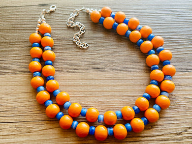 2 Strand Wood Beaded Necklace, blue & orange Jewelry Chunky statement necklace, big beaded necklace jewelry, natural smooth wood geometric