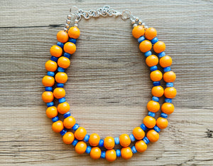 2 Strand Wood Beaded Necklace, blue & orange Jewelry Chunky statement necklace, big beaded necklace jewelry, natural smooth wood geometric