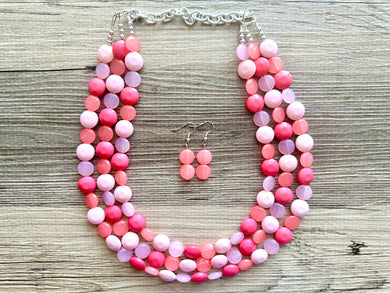 Pink Candy Bar Statement Necklace, chunky bib beaded jewelry, blush pink color block necklace, beaded acrylic jewelry hot pink magenta