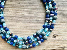 Load image into Gallery viewer, Daydream Blue Statement Necklace, chunky bib beaded jewelry, navy royal blue necklace, dark blue beaded acrylic gray silver aqua turquoise