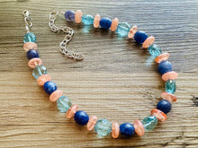 Load image into Gallery viewer, Sunset Nautical Chunky Statement Necklace, Big beaded jewelry, Single Strand Statement Necklace, aqua royal blue peach chunky necklace