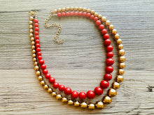 Load image into Gallery viewer, Red &amp; gold Pearl Chunky 2 Strand Statement Necklace, fall necklace, red jewelry, dark red necklace, red gold ball beaded, red statement