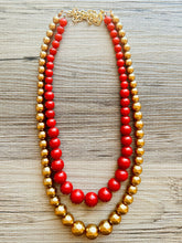 Load image into Gallery viewer, Red &amp; gold Pearl Chunky 2 Strand Statement Necklace, fall necklace, red jewelry, dark red necklace, red gold ball beaded, red statement