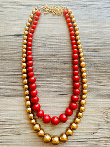 Red & gold Pearl Chunky 2 Strand Statement Necklace, fall necklace, red jewelry, dark red necklace, red gold ball beaded, red statement